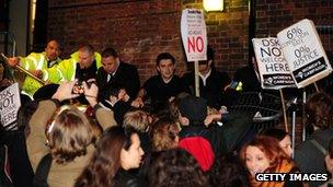 Demonstrators outside Cambridge Union