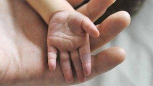 Hands of baby and adult