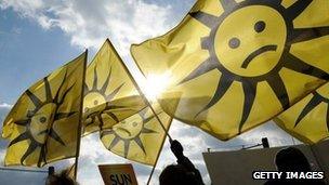 Workers in the solar sector stage a protest in Berlin against the government's plans to cut subsidies for the solar power sector