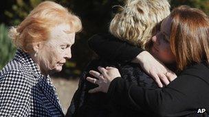 Rosemarie Colvin (l) arrives for the funeral service for her daughter, journalist Marie Colvin