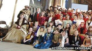 Re-enactors and school children, Katharine of Aragon Festival, Peterborough Cathedral 2012