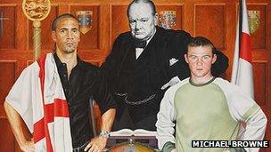 Painting depicting Rio Ferdinand, Winston Churchill and Wayne Rooney