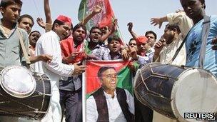 Akhilesh Yadav supporters celebrate his appointment as chief minister