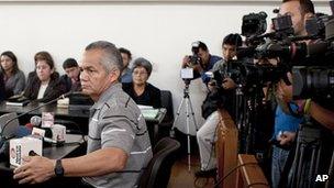 Pedro Pimentel Rios, a former member of an elite Guatemalan military force known as the "kaibiles," attends his trial at a court in Guatemala City, 12 March 2012.