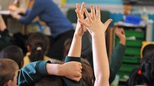 Hand raised in classroom