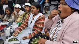 Bolivian women chewing coca during a protest n defence of the leaf, 12 March 2012