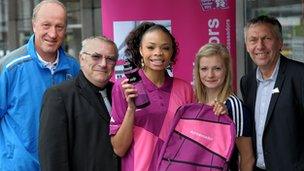 (l/r): Steve Ogrizovic, CCFC, John Mutton, Coventry City Council, Lydia Otubanjo, Coventry Ambassador, Rowena Cole, London 2012 hopeful and David Moorcroft, triple Olympian.