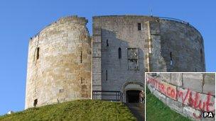 Clifford's Tower with graffiti (inset)