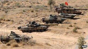 Indian army tanks in state of Rajasthan, India - 5 December 2011