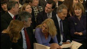 Gordon Brown, Sally Bercow, Tony Blair and Harriet Harman await the Queen's address