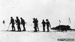 Captain Scott leads a sleigh party over the ice - Jan 1912