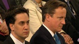 Ed Miliband and David Cameron listening to Commons Speaker John Bercow