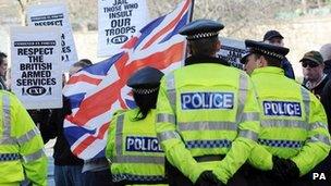 Protesters outside Dewsbury Magistrates' Court