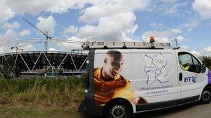 A BT van in front of stadium