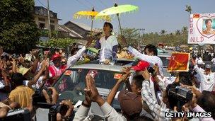 Aung San Suu Kyi campaigning in February in the southern constituency she hopes to represent in parliament