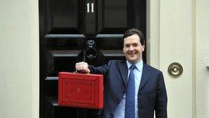 Chancellor of the Exchequer George Osborne holding the Budget box