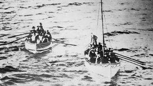 Titanic life boats on way to Carpathia with survivors