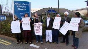 Protesters outside a Birmingham dialysis centre