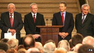 Ian Paisley, Martin McGuinness, Tony Blair and Bertie Ahern in Stormont in 2007