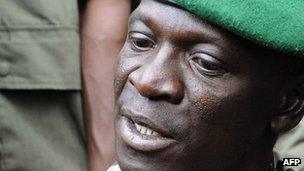 Mali junta leader Captain Amadou Sanogo speaks at the Kati Military camp, in a suburb of Bamako, on 22 March 2012