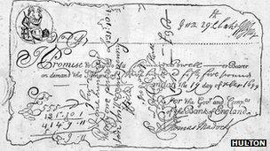 The oldest known bank-note, issued by the Bank of England in 1699