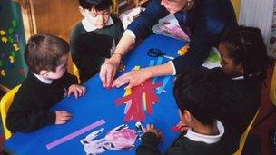 A nursery school teacher and pupils