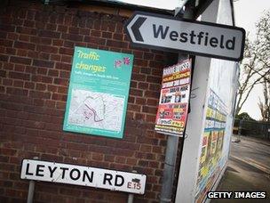 Neighbourhood near the Games site with sign pointing to Westfield shopping centre