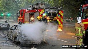 Fire service and burning car