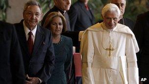 Cuba"s President Raul Castro stands next to Pope Benedict XVI in Havana, Cuba, 27 March 2012.