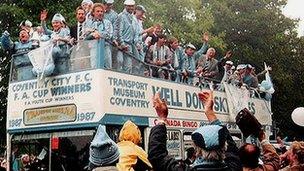 Coventry City Football Club members on bus in 1987