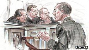 Court sketch of US Solicitor General Don Verrilli Jr addressing the Supreme Court, Washington, DC, 27 March 2012