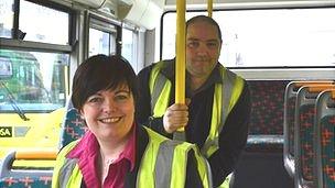 Hannah Beacom and Toby Boucher sat in a Guernsey Bus