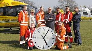 Back row: Dr Dan Poulter MP, Pam Crispin (EEAST Medical Director), Dr Jeremy Mauger (EAAA), Captain Steve Norris (EAAA), Dr Peter Temesvari (EHAAT), Dr Laszlo Hetzman (EHAAT), Captain Richard Eastwood (EHAAT); Front row EEAST Critical Care Paramedic Dan Firmin (EHAAT) and EEAST Critical Care Paramedic Gary Steward (EAAA)