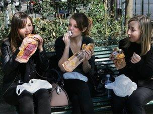 Girls eating lunch in park