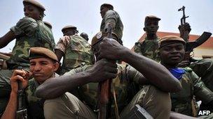 Malian soldiers in the capital, Bamako, 29 March