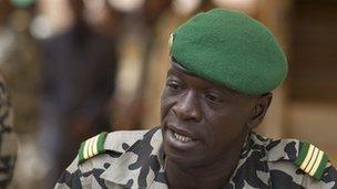 Coup leader Capt Amadou Haya Sanogo addresses the press at junta headquarters in Kati, outside Bamako on 30 March