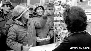 Argentine soldiers buy postcards on the Falkland Islands in 1982. File pic: Getty