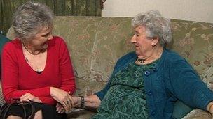 Angela Young, the Countess of Rothes's great granddaughter (left) meeting Nell Jones (right)