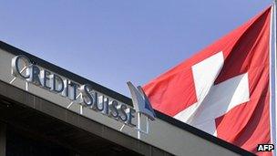 Credit Suisse sign and Swiss flag - file pic