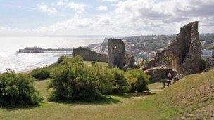 Hastings castle ruins and view of the town