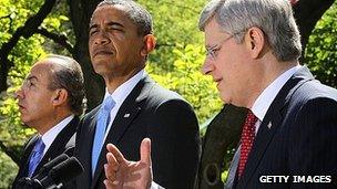 President Felipe Calderon, President Barack Obama and Prime Minister Stephen Harper at the White House. 2 April 2012