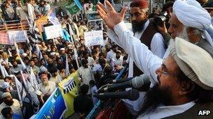 Hafiz Saeed at a rally in Lahore, Pakistan, on 9 March 2012