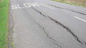 Road cracking caused by drought: B1093 at Whittlesey, Cambridgeshire