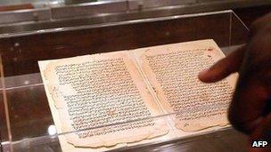 Sixteen historic scripts from the ancient African town of Timbuktu. The Mali Manuscripts are publicly exhibited at a gallery in Johannesburg 01 October 2005.