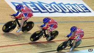 GB team in the women's team pursuit at the Track Cycling World Championships in Melbourne