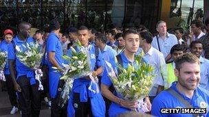 Players of the Blackburn Rovers F.C arrive in Pune in October 2011