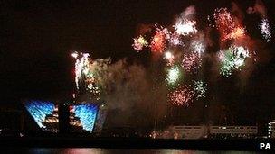 Fireworks over the Titanic building