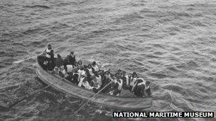 A photograph taken from the Carpathia by passenger Louis Ogden as it reached the scene of the Titanic disaster, showing a lifeboat of survivors