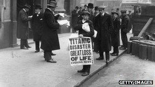 Newspaper boy outside White Star Line offices in London