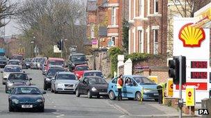 Drivers queue for fuel at a Shell Garage in Liverpool